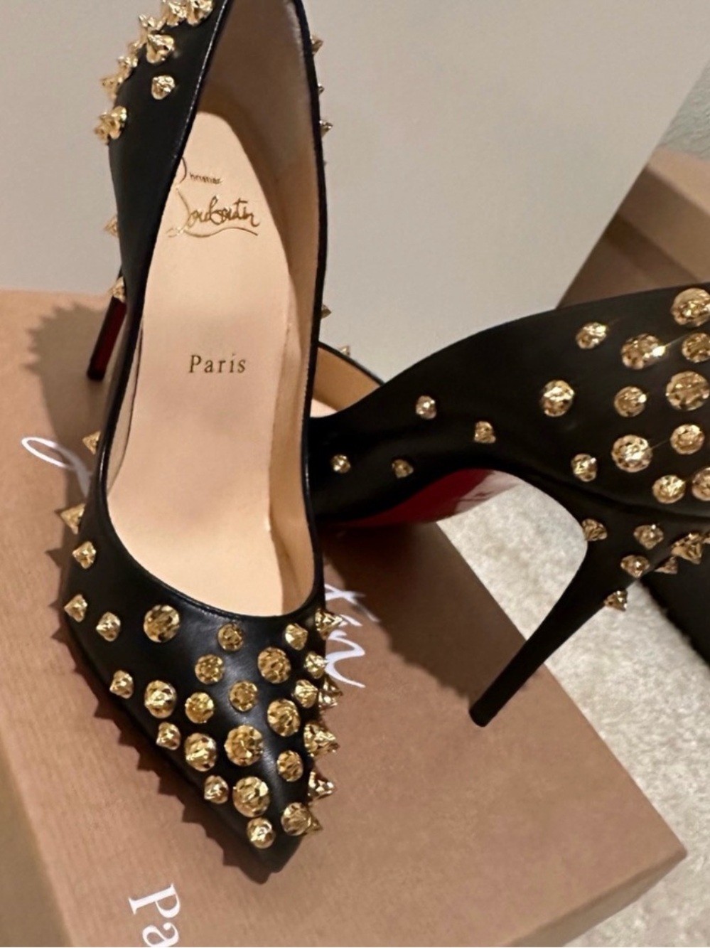 Christian Louboutin Black Leather Pointed Spike Pump with Gold Studs